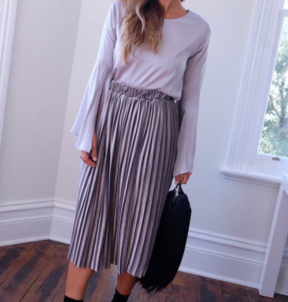 Grey pleated velvet skirt hot sale