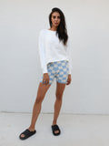 Nina Checkerboard Knits Shorts -Blue