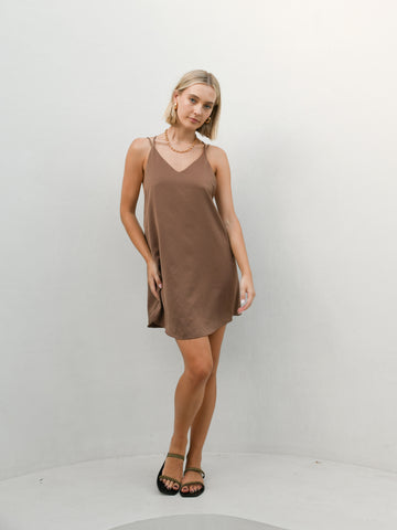 Rumi Cross Back Silky Slip Dress - Coffee