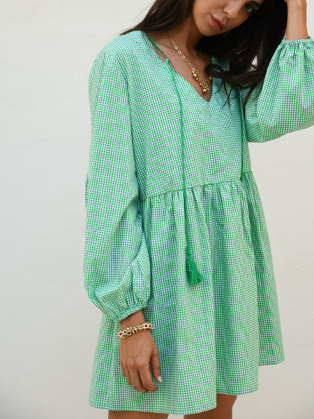 Blair Babydoll Tunic Dress - Green Gingham