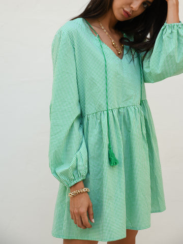 Blair Babydoll Tunic Dress - Green Gingham