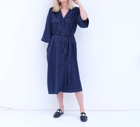 ELINE DUSTY COAT/DRESS w/Contrast Stitch - Navy