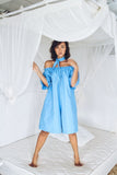 Olympia Off Shoulder Romper with Eyelet Necktie - Blue