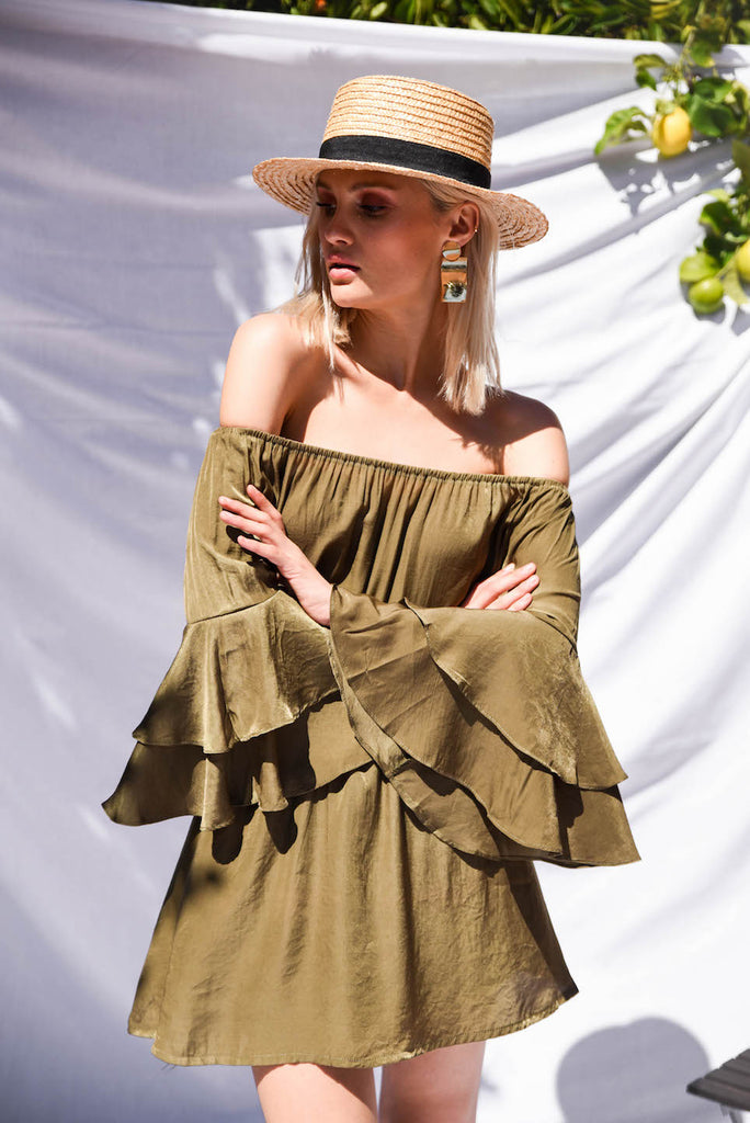Khaki off the shoulder sales dress