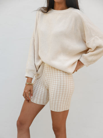 Zoe Houndstooth Knit Shorts - Beige