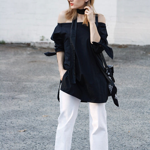Rosaville Off-Shoulder Shirt -Black - HELLO PARRY Australian Fashion Label 
