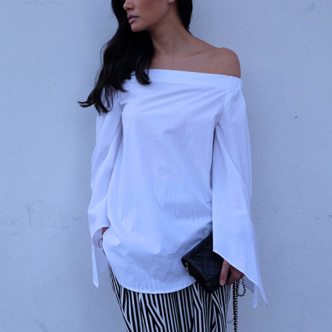 Fallon Longline Off-Shoulder Shirt -White - HELLO PARRY Australian Fashion Label 