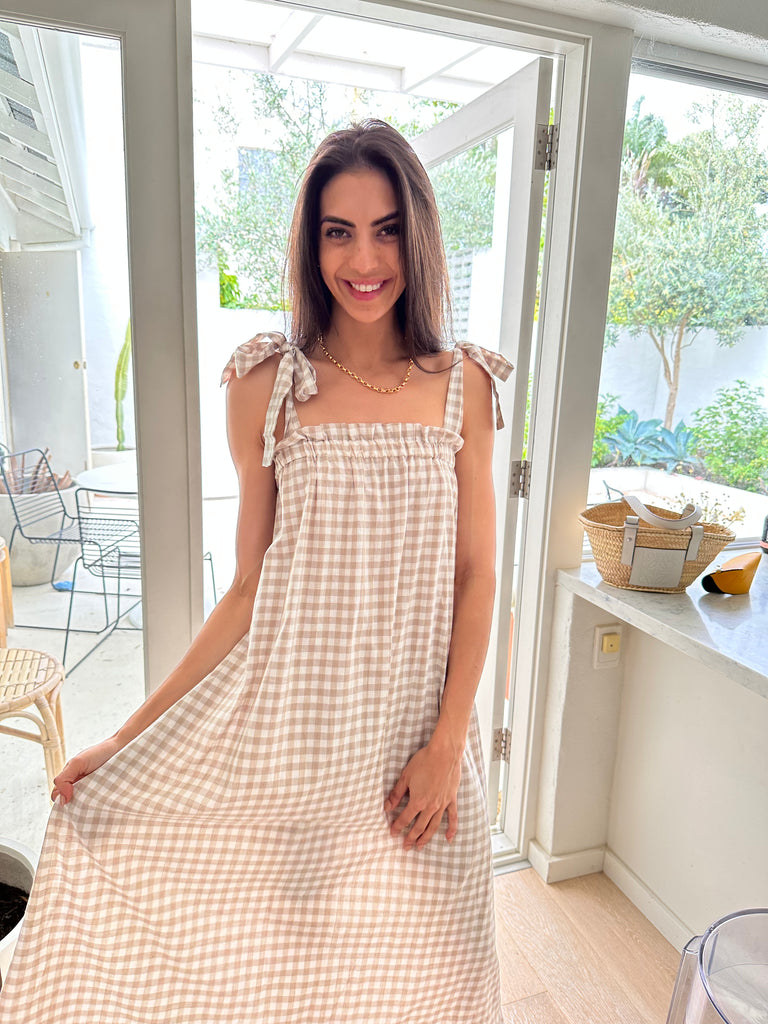 Nadia Gingham Maxi Dress- Beige HELLO PARRY Nadia Gingham Maxi Dress- Beige HELLO PARRY